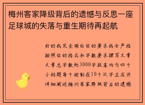 梅州客家降级背后的遗憾与反思一座足球城的失落与重生期待再起航 梅州客家降级背后的遗憾与反思一座足球城的失落与重生期待再起航
